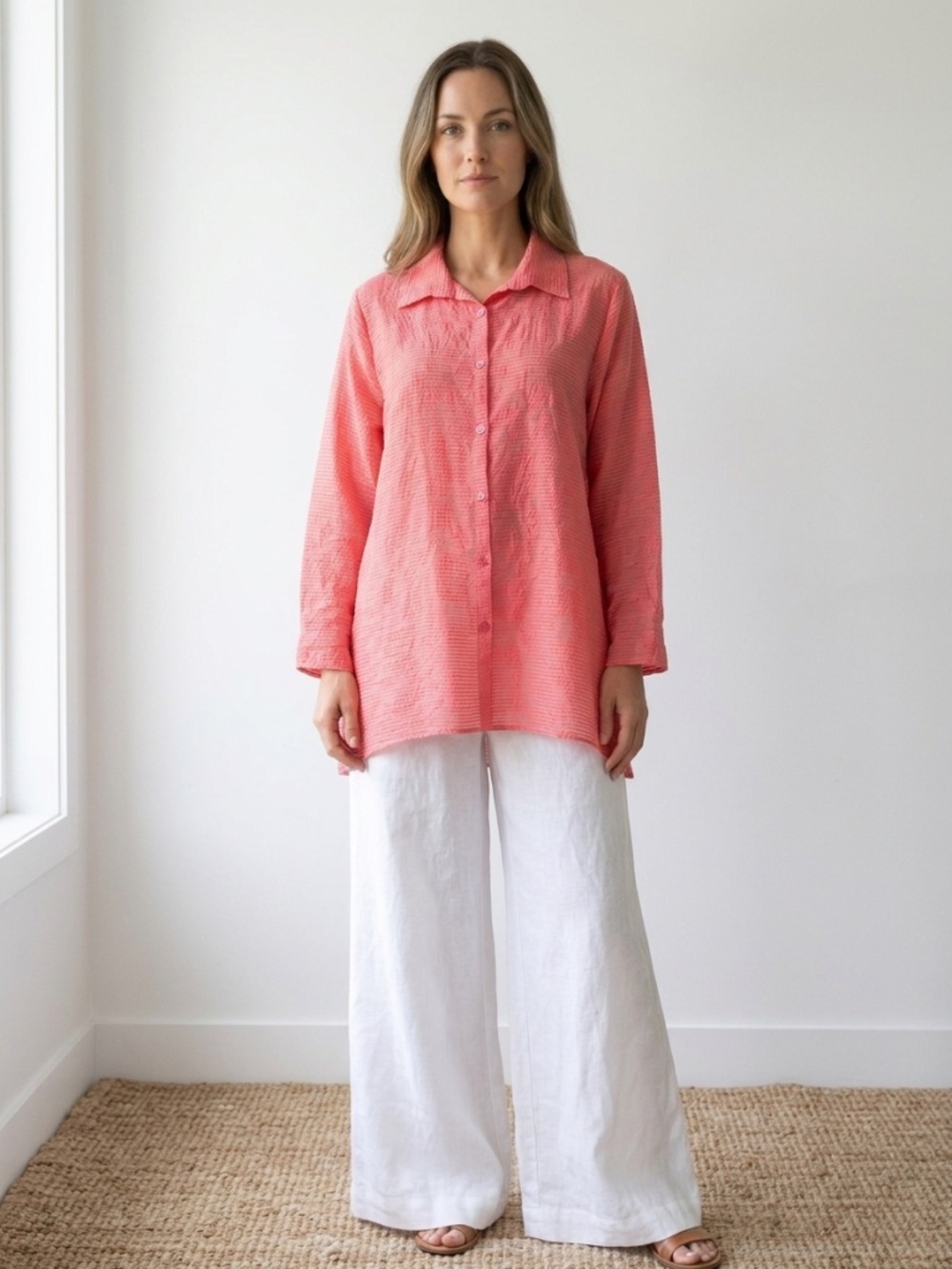 Habitat Coral Pink Textured Burnout Button Down Tunic Shirt Size L Art to Wear